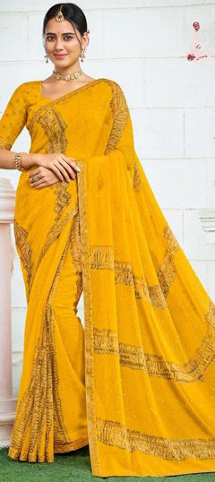 Engagement, Festive, Reception Yellow color Saree in Chiffon fabric with Classic Printed work : 1975101