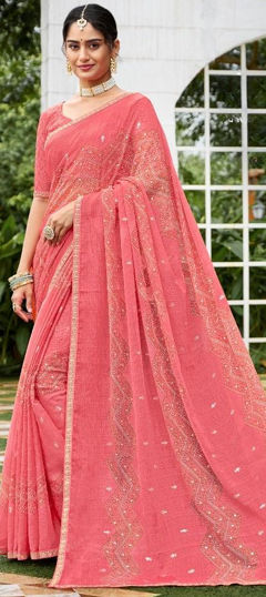 Pink and Majenta color Saree in Chiffon fabric with Printed work