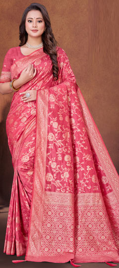 Pink and Majenta color Saree in Art Silk, Silk fabric with Weaving work