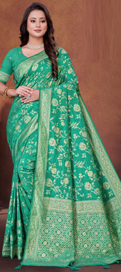 Green color Saree in Art Silk, Silk fabric with Weaving work