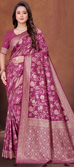 Pink and Majenta color Saree in Art Silk, Silk fabric with Weaving work