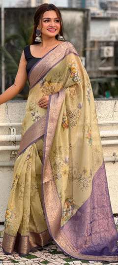 Festive, Traditional Yellow color Saree in Tissue fabric with South Floral, Printed, Weaving work : 1975150