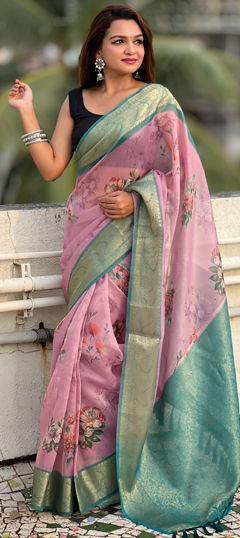 Pink and Majenta color Saree in Tissue fabric with Floral, Printed, Weaving work