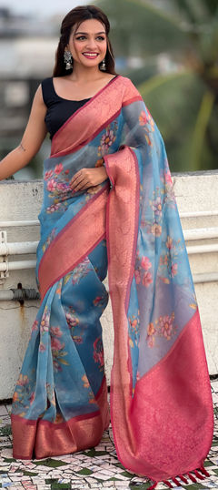 Blue color Saree in Tissue fabric with Floral, Printed, Weaving work