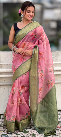 Red and Maroon color Saree in Tissue fabric with Floral, Printed, Weaving work