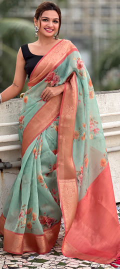 Green color Saree in Tissue fabric with Floral, Printed, Weaving work