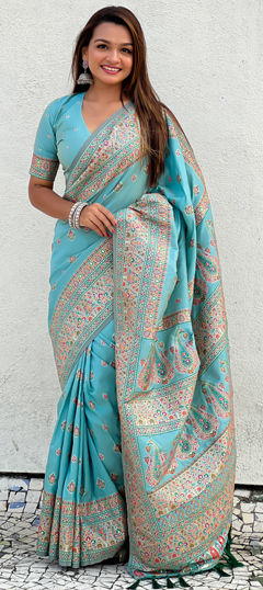 Blue color Saree in Pashmina fabric with Weaving work