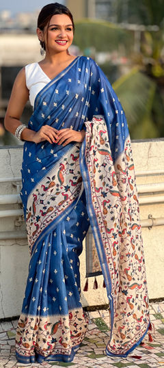 Festive, Traditional Blue color Saree in Art Silk, Silk fabric with South Floral work : 1975169