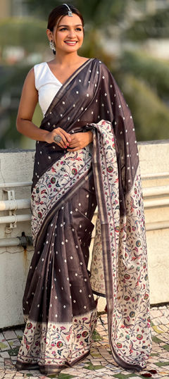 Festive, Traditional Black and Grey color Saree in Art Silk, Silk fabric with South Floral work : 1975170