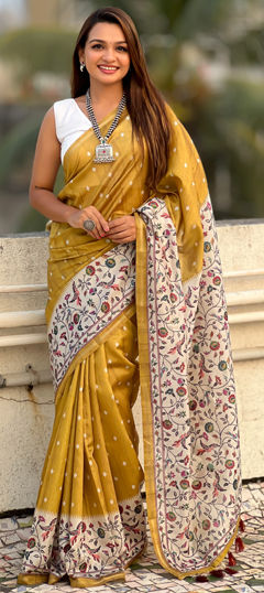 Festive, Traditional Yellow color Saree in Art Silk, Silk fabric with South Floral work : 1975172