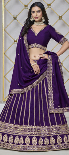 Purple and Violet color Lehenga in Art Silk fabric with Embroidered, Sequence, Thread work