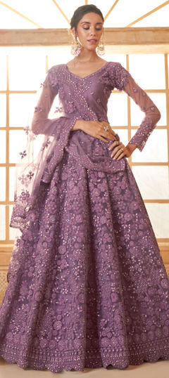 Bridal, Wedding Purple and Violet color Lehenga in Net fabric with Flared Embroidered, Resham, Stone, Thread work : 1975178