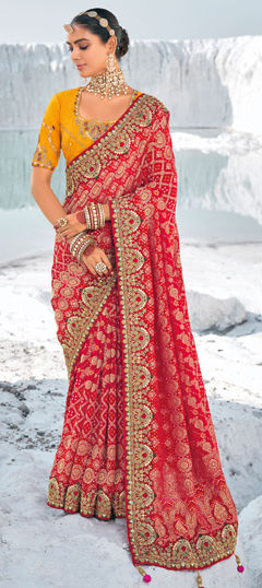 Bridal, Traditional, Wedding Red and Maroon color Saree in Georgette fabric with Classic Bandhej, Border, Embroidered, Printed, Resham, Stone, Weaving, Zari work : 1975179