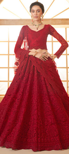 Bridal, Wedding Red and Maroon color Lehenga in Net fabric with Flared Embroidered, Resham, Stone, Thread work : 1975180