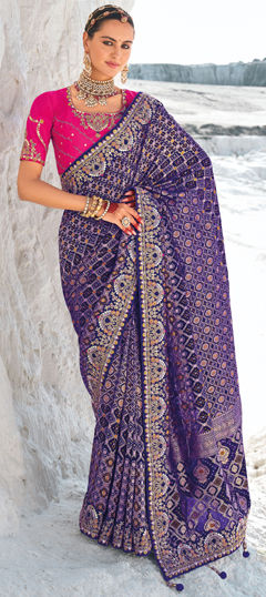 Blue color Saree in Georgette fabric with Bandhej, Border, Embroidered, Printed, Resham, Stone, Weaving, Zari work