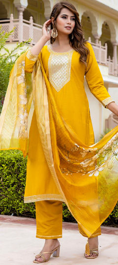 Yellow color Salwar Kameez in Rayon fabric with Embroidered, Resham, Thread work