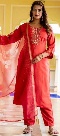 Pink and Majenta color Salwar Kameez in Rayon fabric with Embroidered, Resham, Thread work