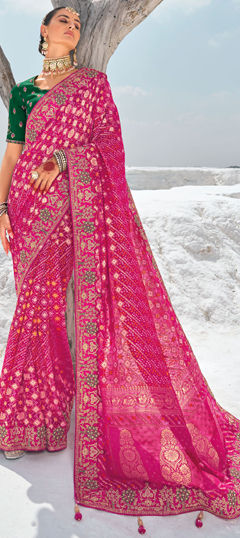 Bridal, Traditional, Wedding Pink and Majenta color Saree in Georgette fabric with Classic Bandhej, Border, Embroidered, Printed, Resham, Stone, Weaving, Zari work : 1975185