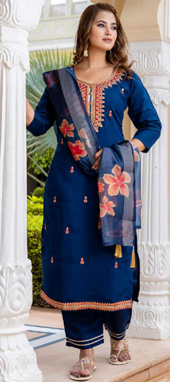 Blue color Salwar Kameez in Rayon fabric with Embroidered, Resham, Thread work