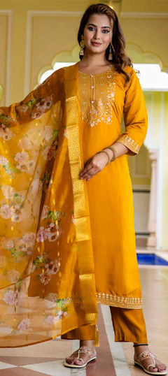 Yellow color Salwar Kameez in Rayon fabric with Embroidered, Resham, Thread work