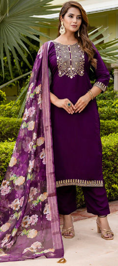 Purple and Violet color Salwar Kameez in Rayon fabric with Embroidered, Resham, Thread work