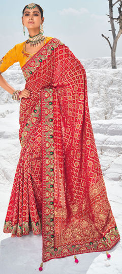 Bridal, Traditional, Wedding Red and Maroon color Saree in Georgette fabric with Classic Bandhej, Border, Embroidered, Printed, Resham, Stone, Weaving, Zari work : 1975189