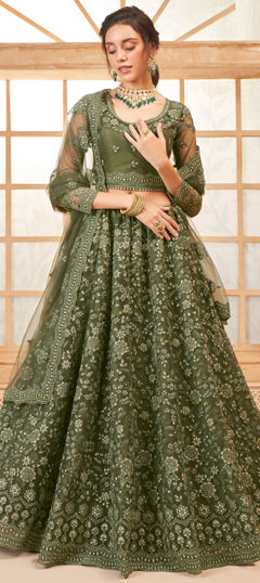 Bridal, Wedding Green color Lehenga in Net fabric with Flared Embroidered, Resham, Stone, Thread work : 1975190