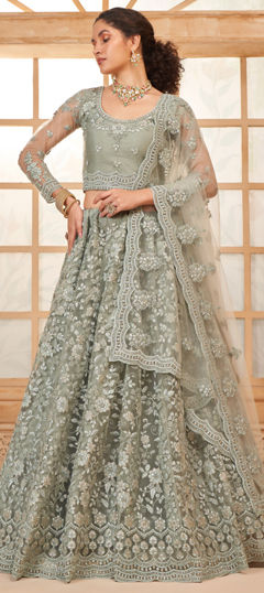 Bridal, Wedding Green color Lehenga in Net fabric with Flared Embroidered, Resham, Stone, Thread work : 1975191