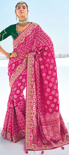 Pink and Majenta color Saree in Georgette fabric with Bandhej, Border, Embroidered, Printed, Resham, Stone, Weaving, Zari work