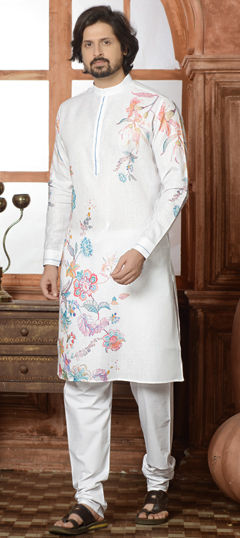 White and Off White color Kurta Pyjamas in Linen fabric with Floral work
