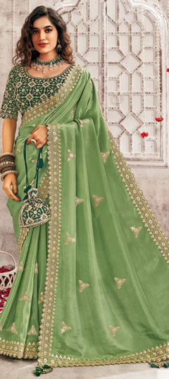 Bridal, Wedding Green color Readymade Saree in Organza Silk fabric with Classic Embroidered, Thread, Zari work : 1975232