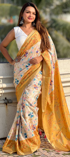 Yellow color Saree in Tussar Silk fabric with Floral, Printed work