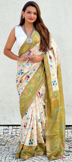 Green color Saree in Tussar Silk fabric with Floral, Printed work