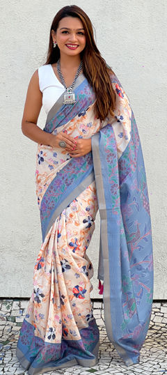 Blue color Saree in Tussar Silk fabric with Floral, Printed work