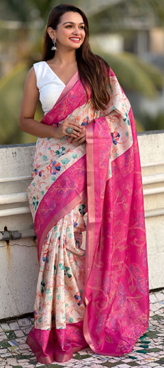 Pink and Majenta color Saree in Tussar Silk fabric with Floral, Printed work