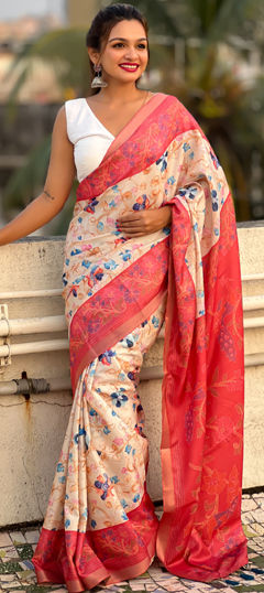 Red and Maroon color Saree in Tussar Silk fabric with Floral, Printed work