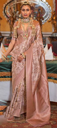 Pink and Majenta color Saree in Tussar Silk fabric with Weaving, Zari work