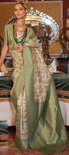 Beige and Brown, Green color Saree in Tussar Silk fabric with Weaving, Zari work