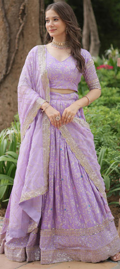 Purple and Violet color Lehenga in Viscose fabric with Embroidered, Thread work