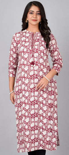 Red and Maroon color Kurti in Cotton fabric with Floral, Printed work