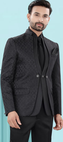 Black and Grey color Blazer in Jacquard fabric with Thread work