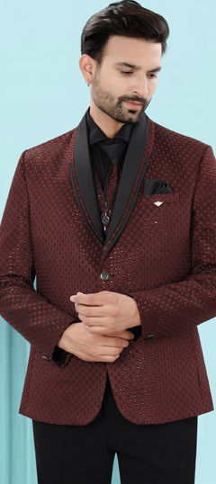 Red and Maroon color Blazer in Jacquard fabric with Embroidered, Sequence, Thread work