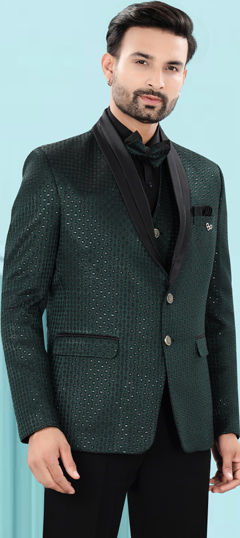 Green color Blazer in Jacquard fabric with Embroidered, Sequence, Thread work