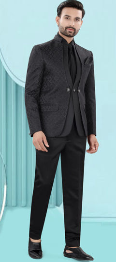 Black and Grey color Tuxedo in Jacquard fabric with Thread work