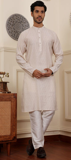 White and Off White color Kurta Pyjamas in Art Silk fabric with Weaving work