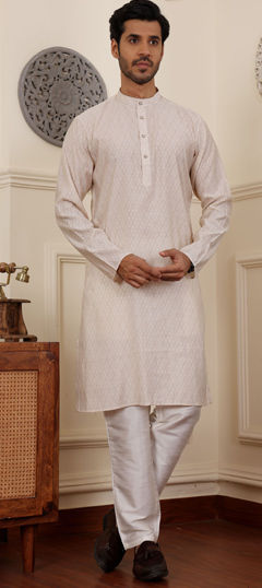 White and Off White color Kurta Pyjamas in Art Silk fabric with Weaving work