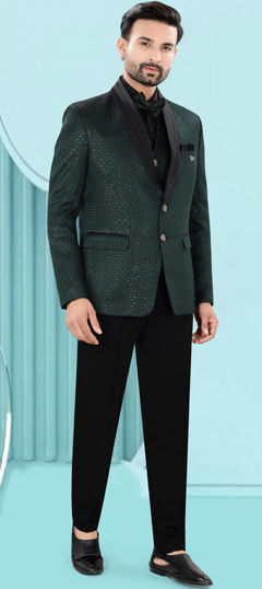 Green color Tuxedo in Jacquard fabric with Embroidered, Sequence, Thread work