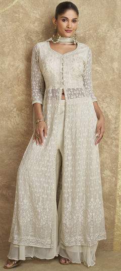 White and Off White color Salwar Kameez in Georgette fabric with Embroidered, Resham, Sequence, Thread work