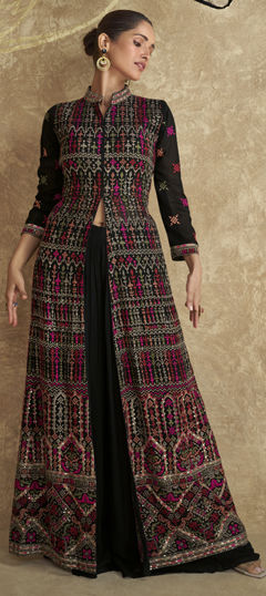 Black and Grey color Salwar Kameez in Georgette fabric with Embroidered, Resham, Sequence, Thread work