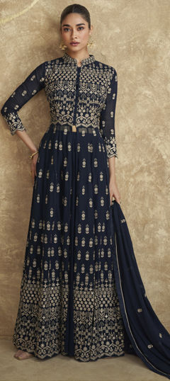 Blue color Salwar Kameez in Georgette fabric with Embroidered, Resham, Sequence, Thread work